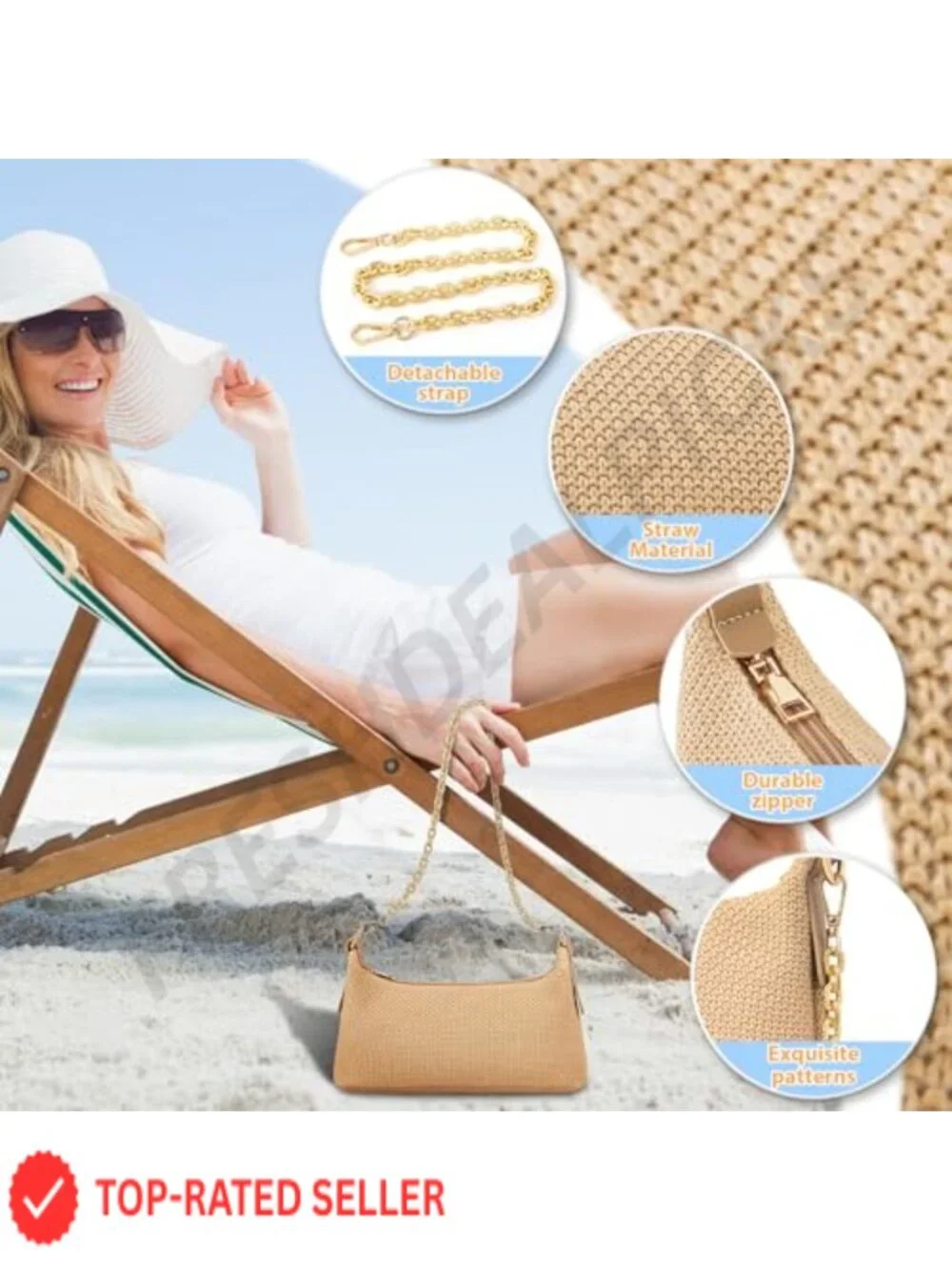 Boho Woven Straw Shoulder Bag with Charm Chain - Hobo Purse